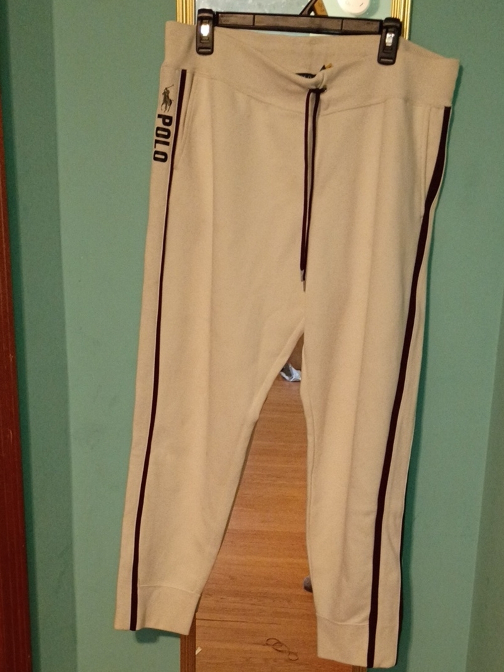 Polo by Ralph Lauren Women's Cream Joggers with Dark Burgundy Side Stripes